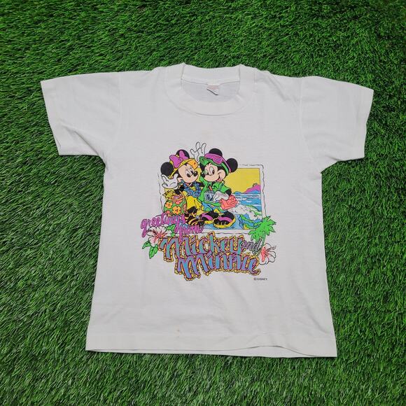 VTG 90s Disney Mickey & Co. Fitted Baby Tee Womens XS/S Crop Top Tropical Hawaii - Picture 1 of 12